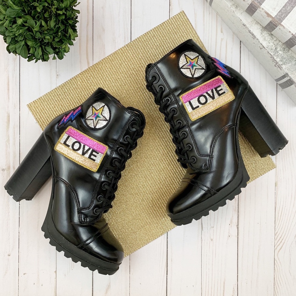 {Aldo} Glitterati Black Lace Up Patch Boot Bootie